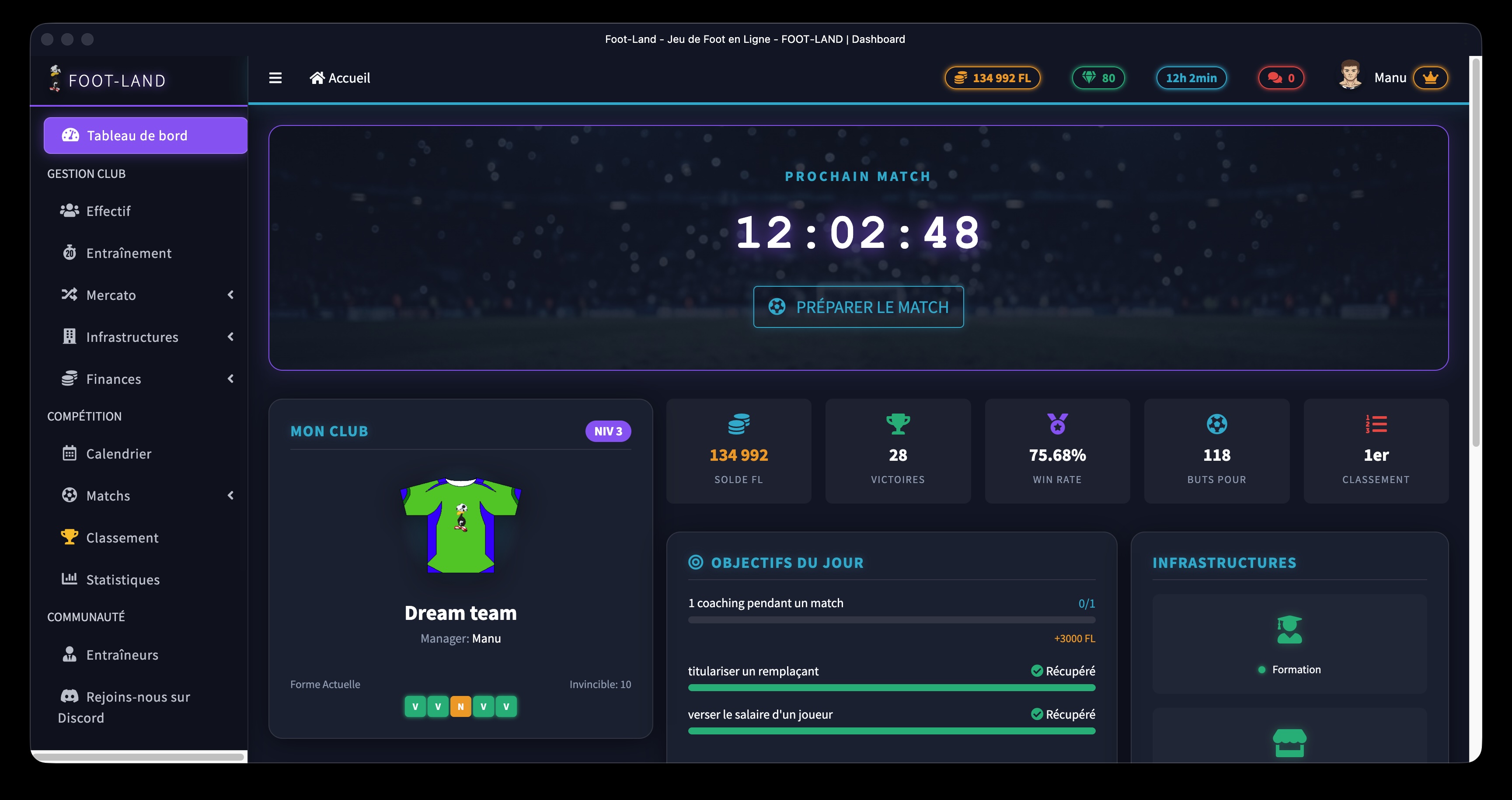 Interface de gestion d'équipe Foot Land